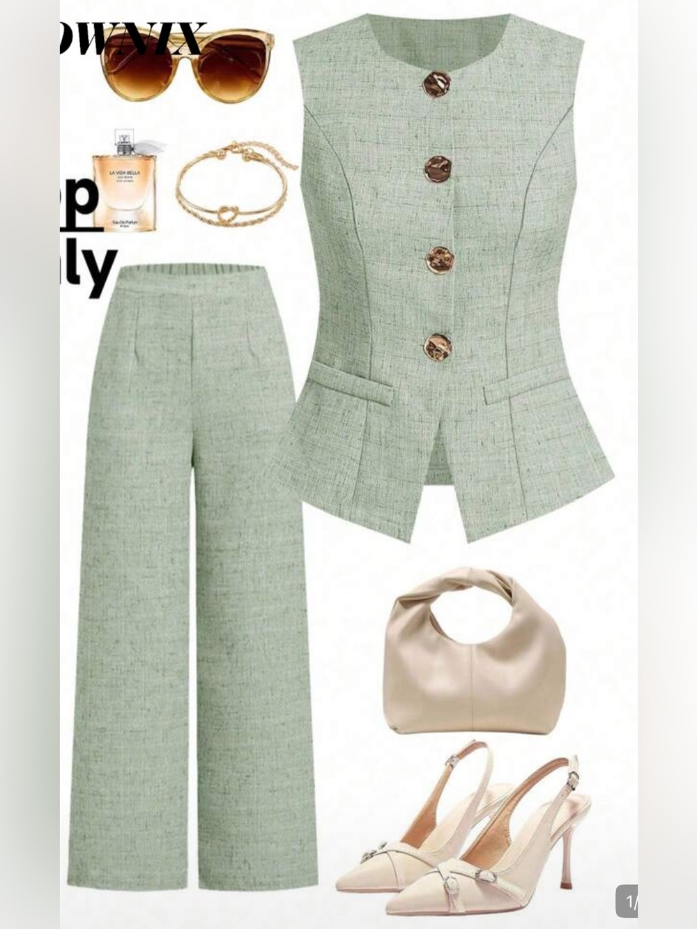 Tailored Light Sage Wide-Leg Pants and Vest- Women set Sz s